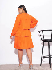 Women Orange Pleated Skater Tiered Dress