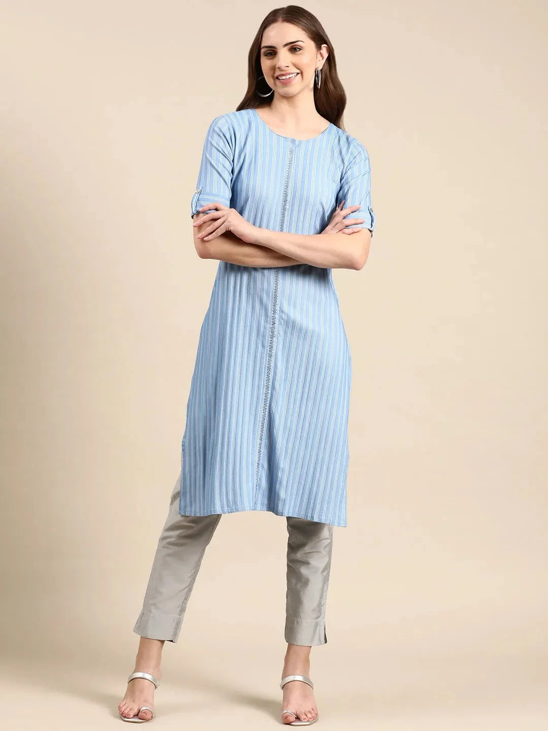 Women's Blue Printed Straight Kurta | Trendy Indian Kurta for Women