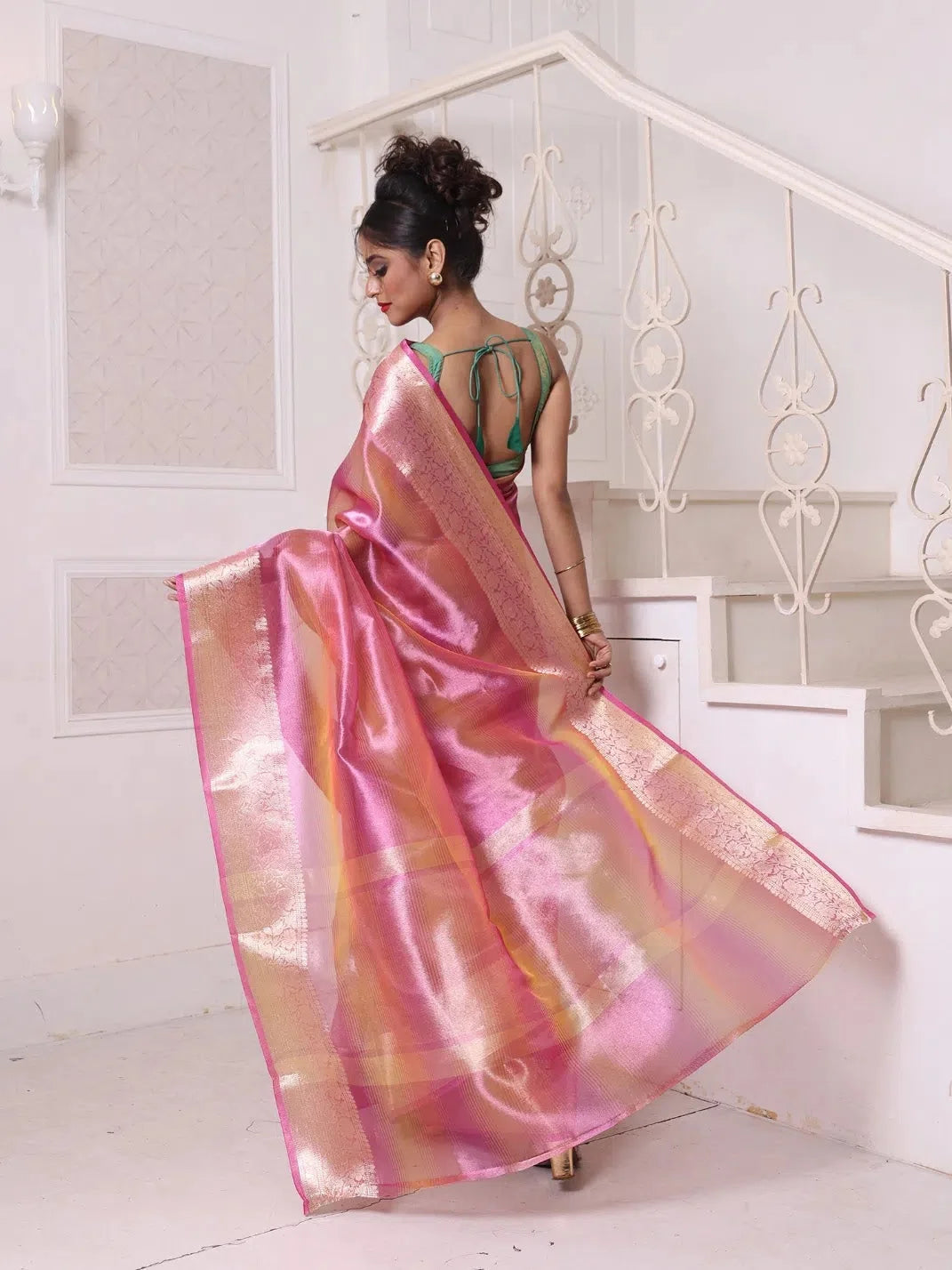 Pink Tissue Saree with Zari - Indian Sari Elegance