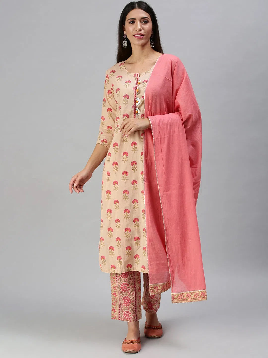 Pink Floral Cotton Kurta Sets | Women's Designer Kurta Sets