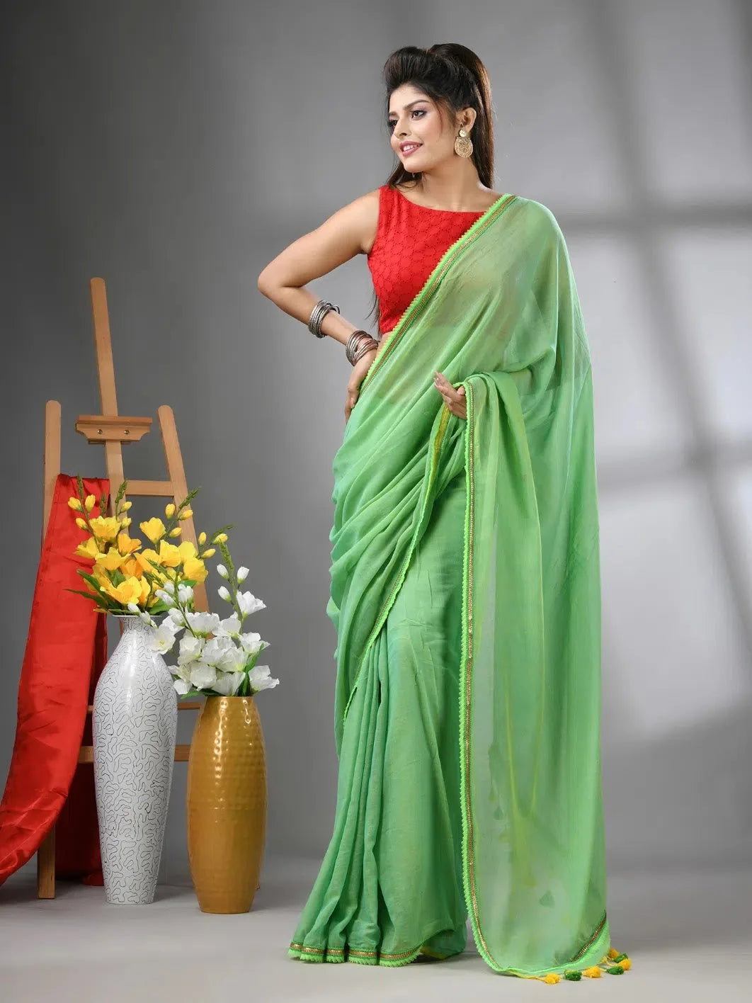 Light Green Cotton Saree: Indian Sarees with Gota Patti