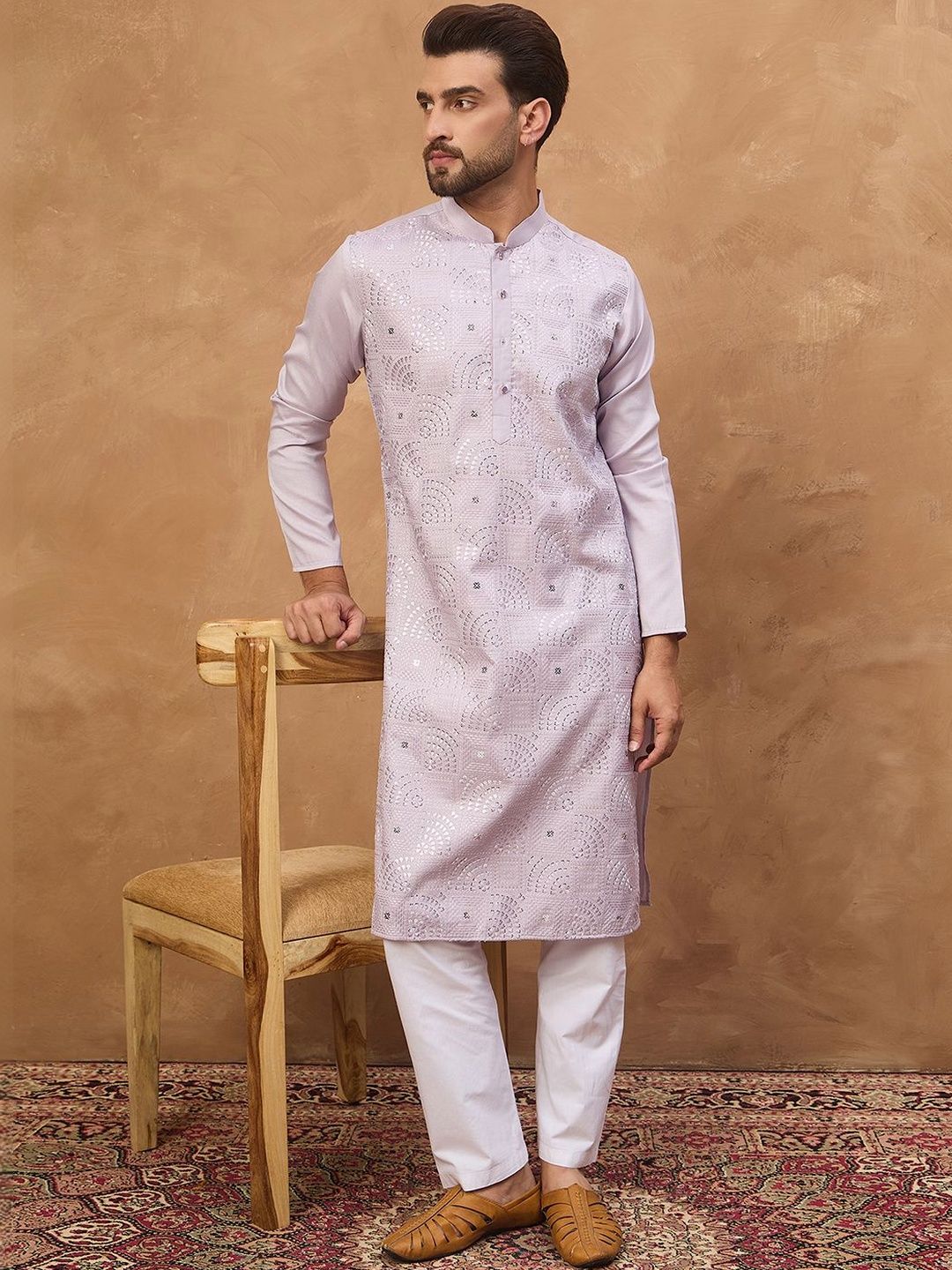 Ethnic Bay Men Lavender Silk Blend Solid Embroidered Straight Kurta With Pant Set-MKSET1443