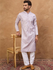 Ethnic Bay Men Lavender Silk Blend Solid Embroidered Straight Kurta With Pant Set-MKSET1443