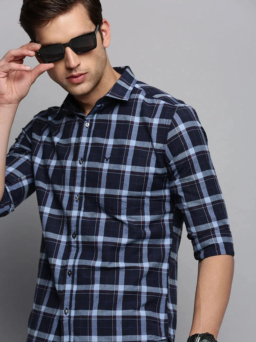 Navy Checked Mens Shirt | Cotton Casual Shirt | DesiQlo