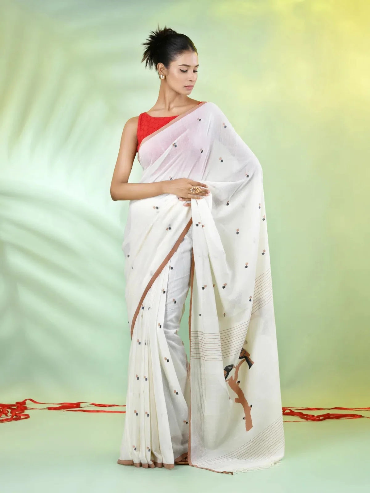 Off White Cotton Saree - Handwoven Bird Motifs | Indian Sarees