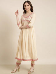 Women Anarkali Beige Solid Kurta and Trousers Set Comes With Dupatta-GW-4284-Beige