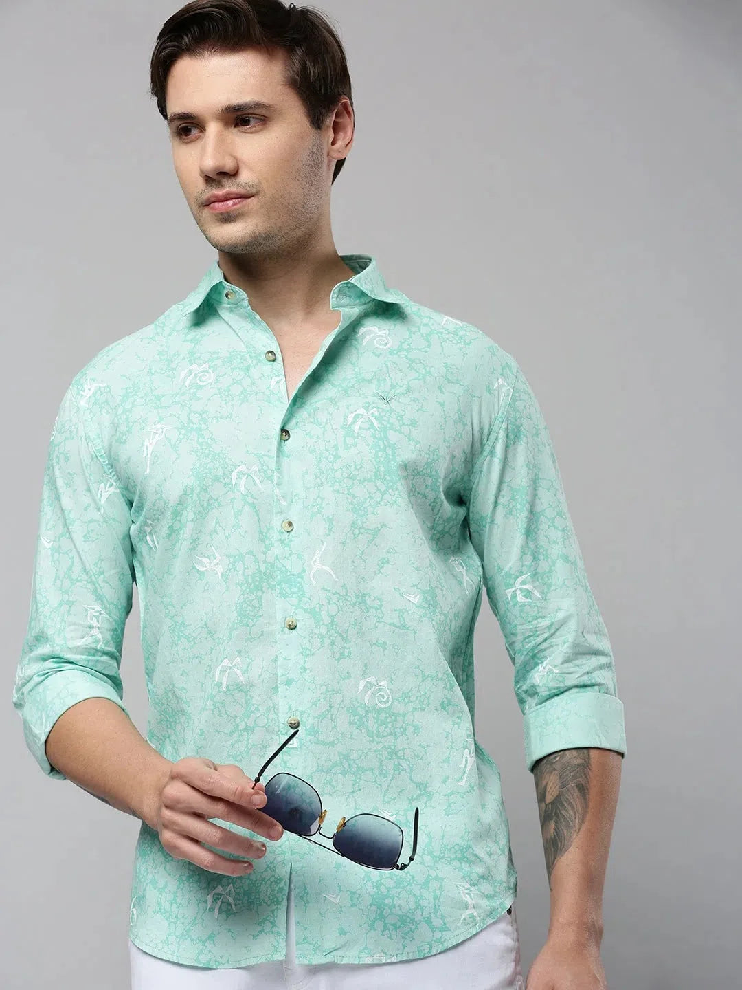 Men's Green Printed Shirt - Cotton Casual Mens Shirt DesiQlo
