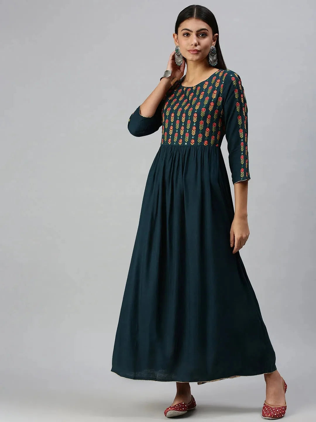 Women's Blue Floral Cotton Anarkali Kurti | DesiQlo Fashion