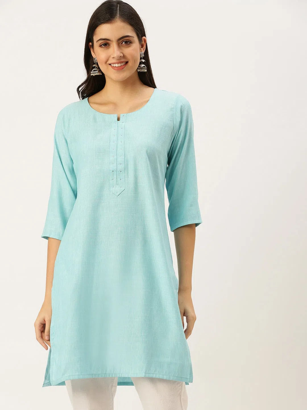 Blue Embellished Cotton Indian Kurta for Women - DesiQlo