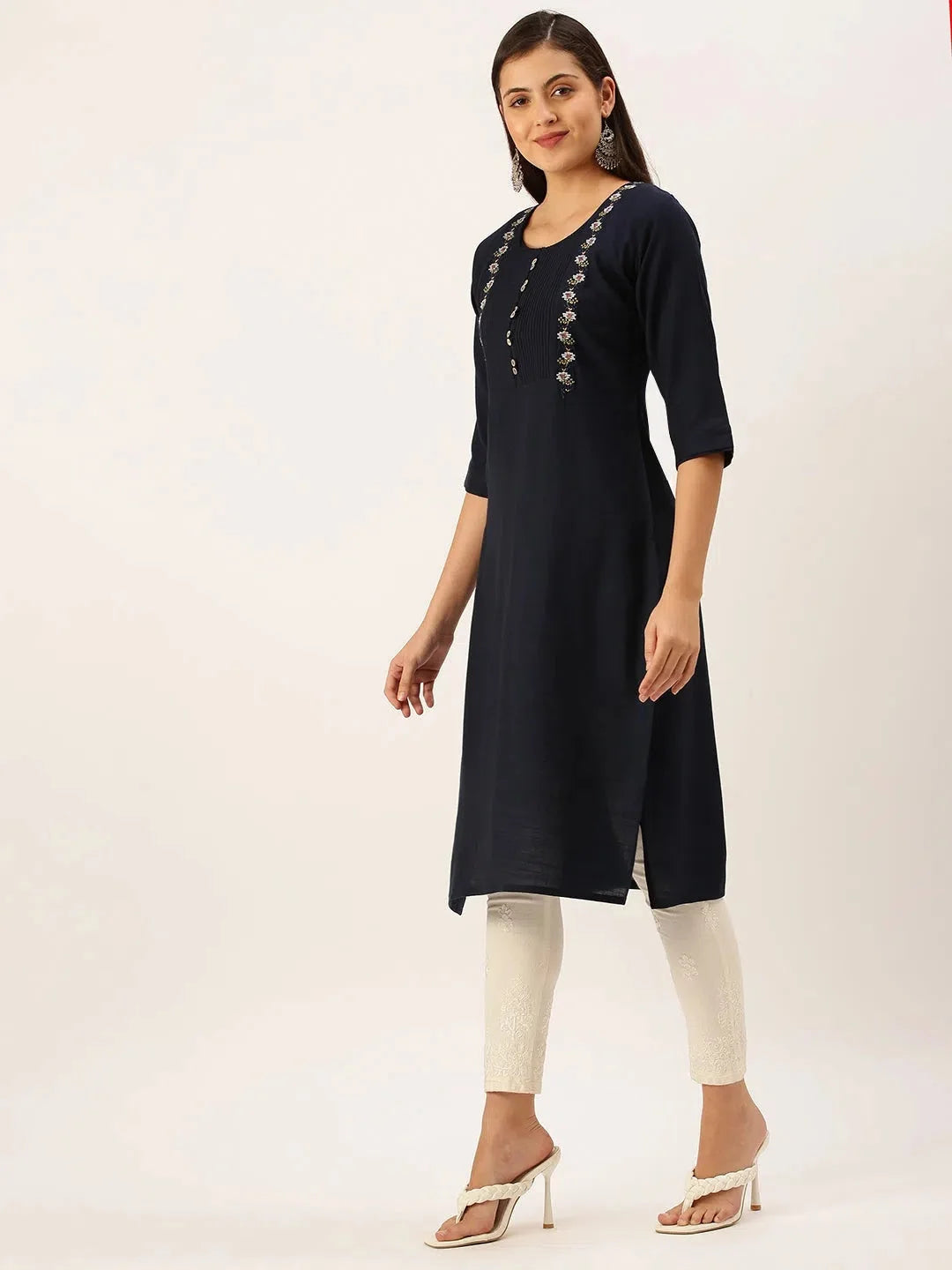 Women's Navy Blue Indian Kurta | Embroidered Cotton Kurtis