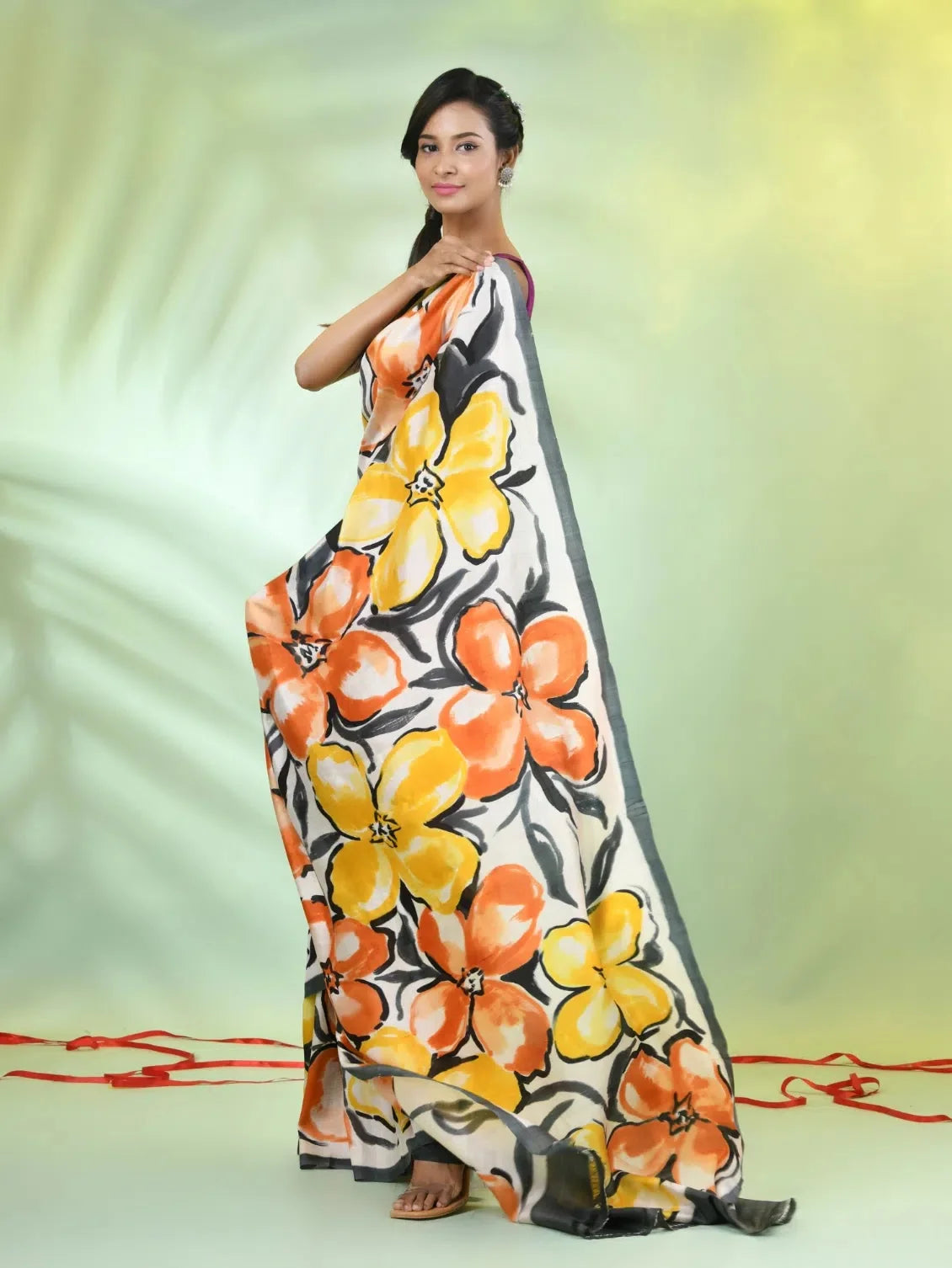 White Silk Floral Saree - Hand Painted Indian Sarees