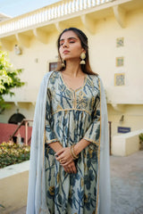 Women SkyBlue Muslin Embroidered KurtaPant & Dupatta Set