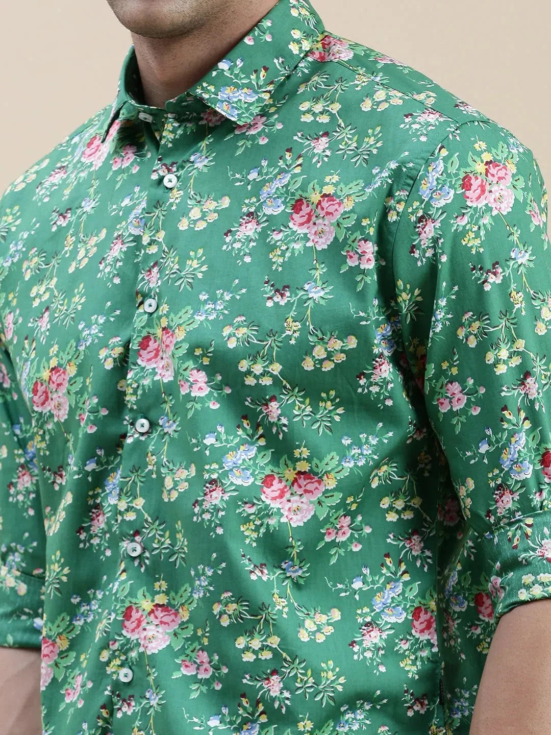 Green Floral Mens Shirt - Printed Cotton Shirt by DesiQlo