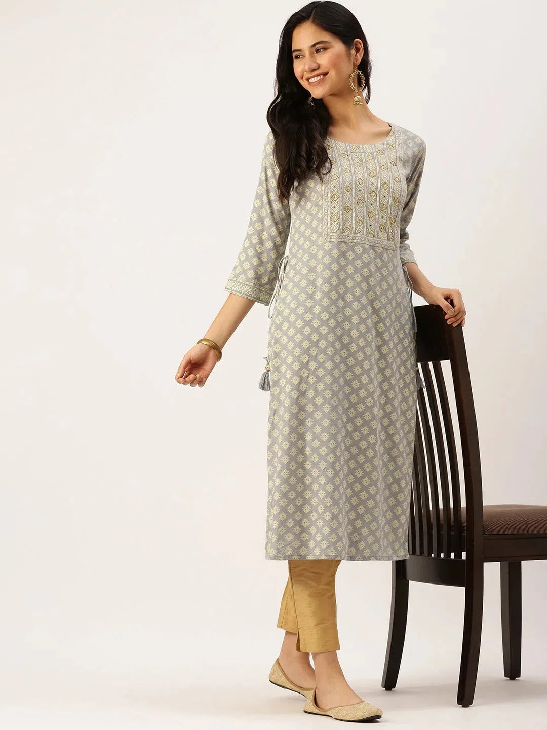 Grey Printed Cotton Indian Kurta for Ladies | DesiQlo Fashion