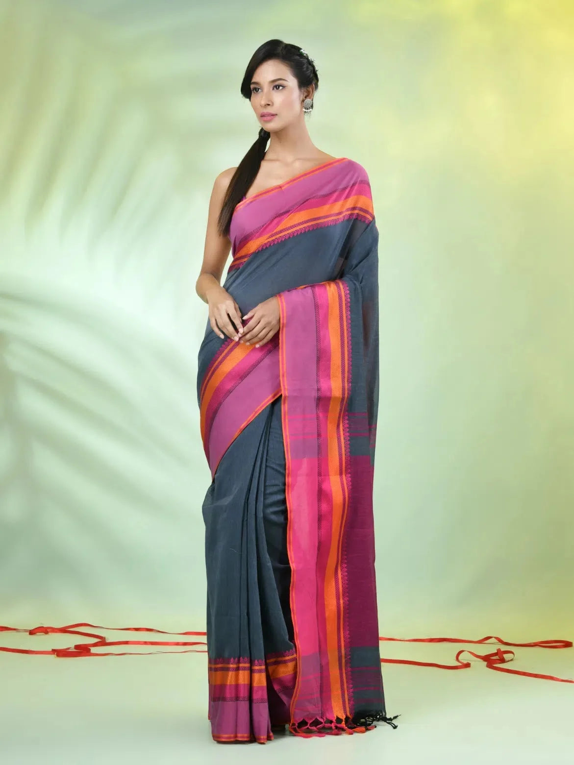 Grey Cotton Indian Sari with Temple Border