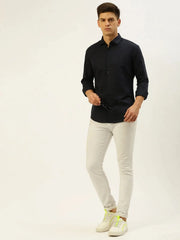 Men Navy Solid Casual Shirt-MEGANLINEN-3482-Navyblue