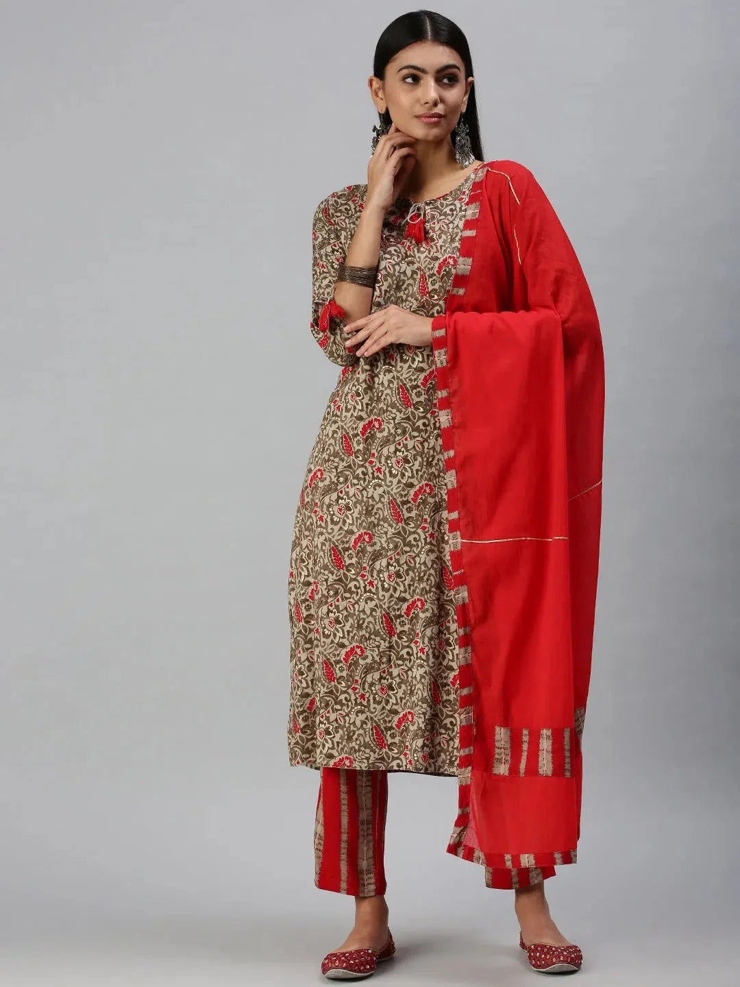 Beige Printed Women's Kurta Sets | Cotton Indian Kurta Sets - Style 1