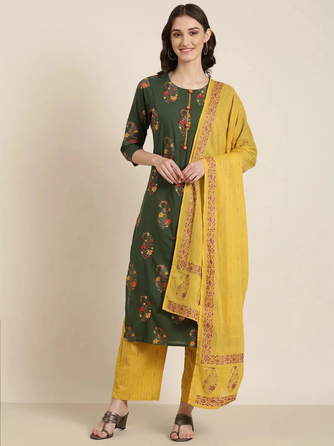 Green Floral Cotton Kurta Set | Women's Designer Kurta Sets