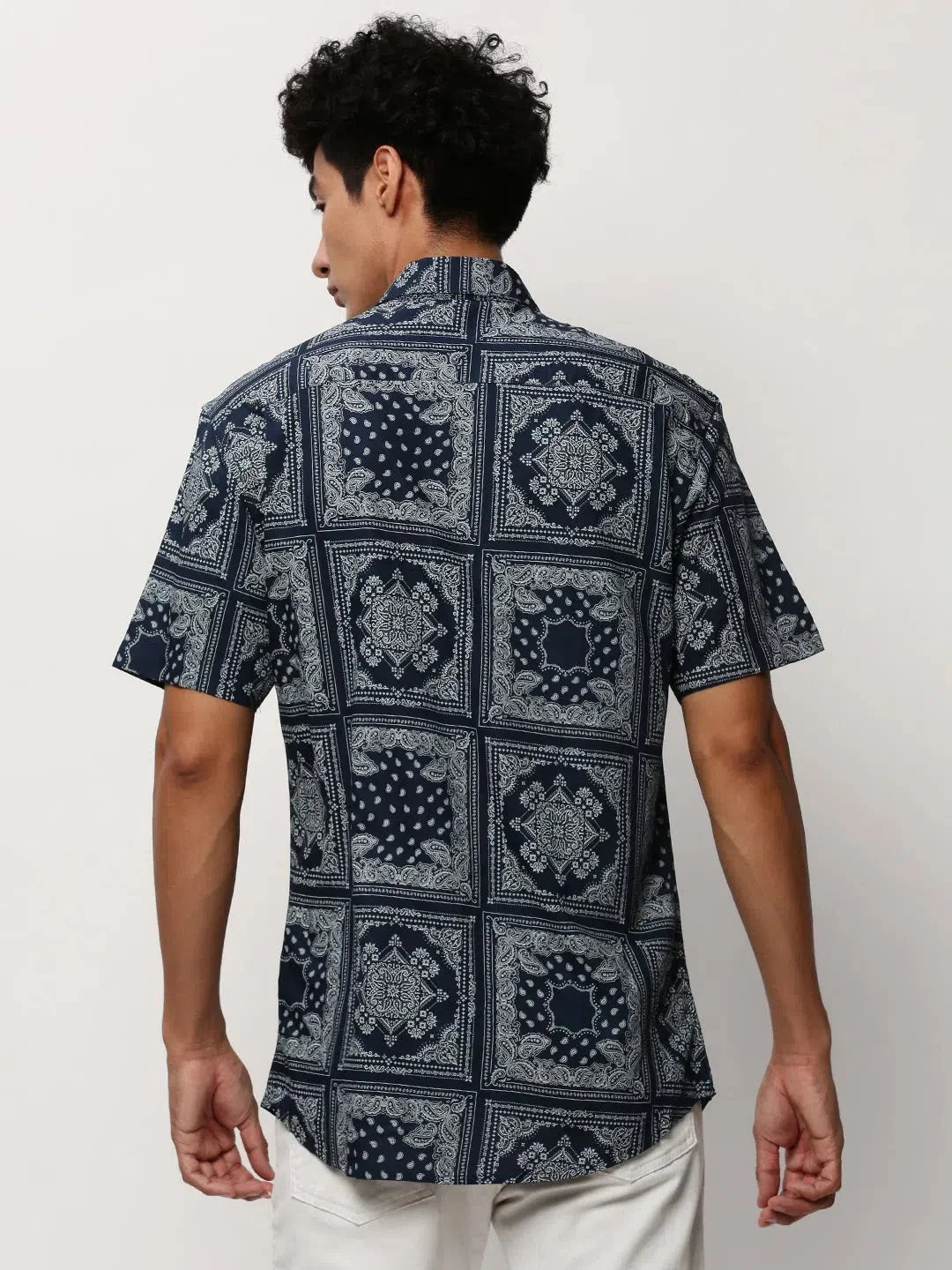 Navy Printed Shirt | Ethnic Motif Mens Cotton Shirt- DesiQlo