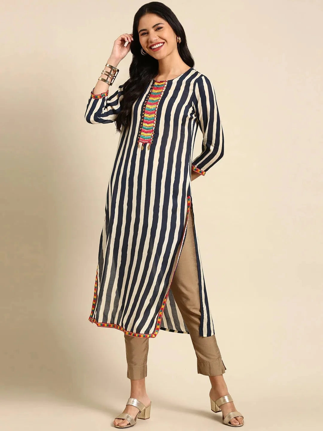 Navy Striped Cotton Kurta - Women's Indian Kurta Collection