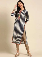 Women's Navy Blue Striped Straight Kurta-GW-938-Navyblue