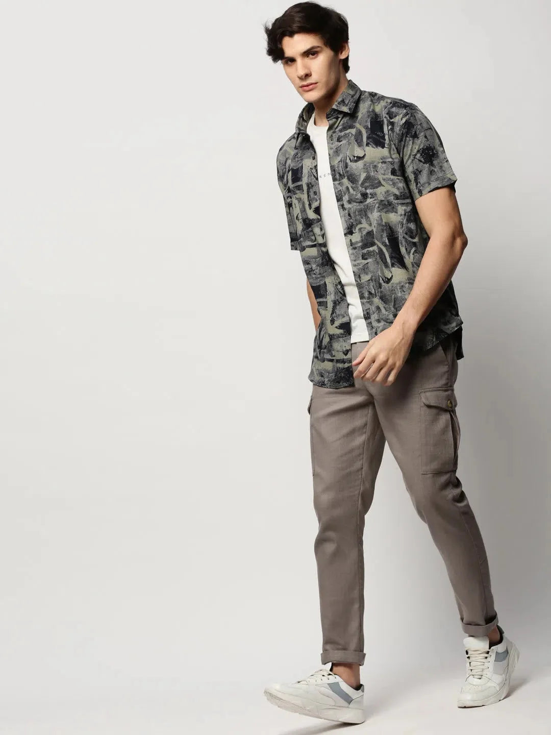 Khaki Printed Mens Shirt - Abstract Cotton Casual Shirts