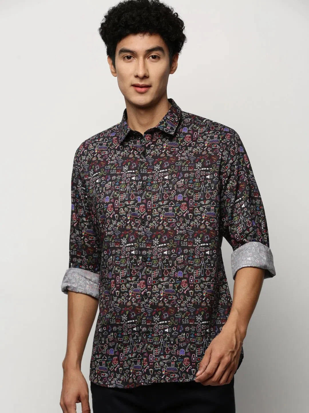 Men's Black Graphic Print Cotton Shirt | DesiQlo