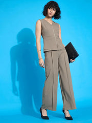 Women Beige Front Pleated Straight Fit Trousers