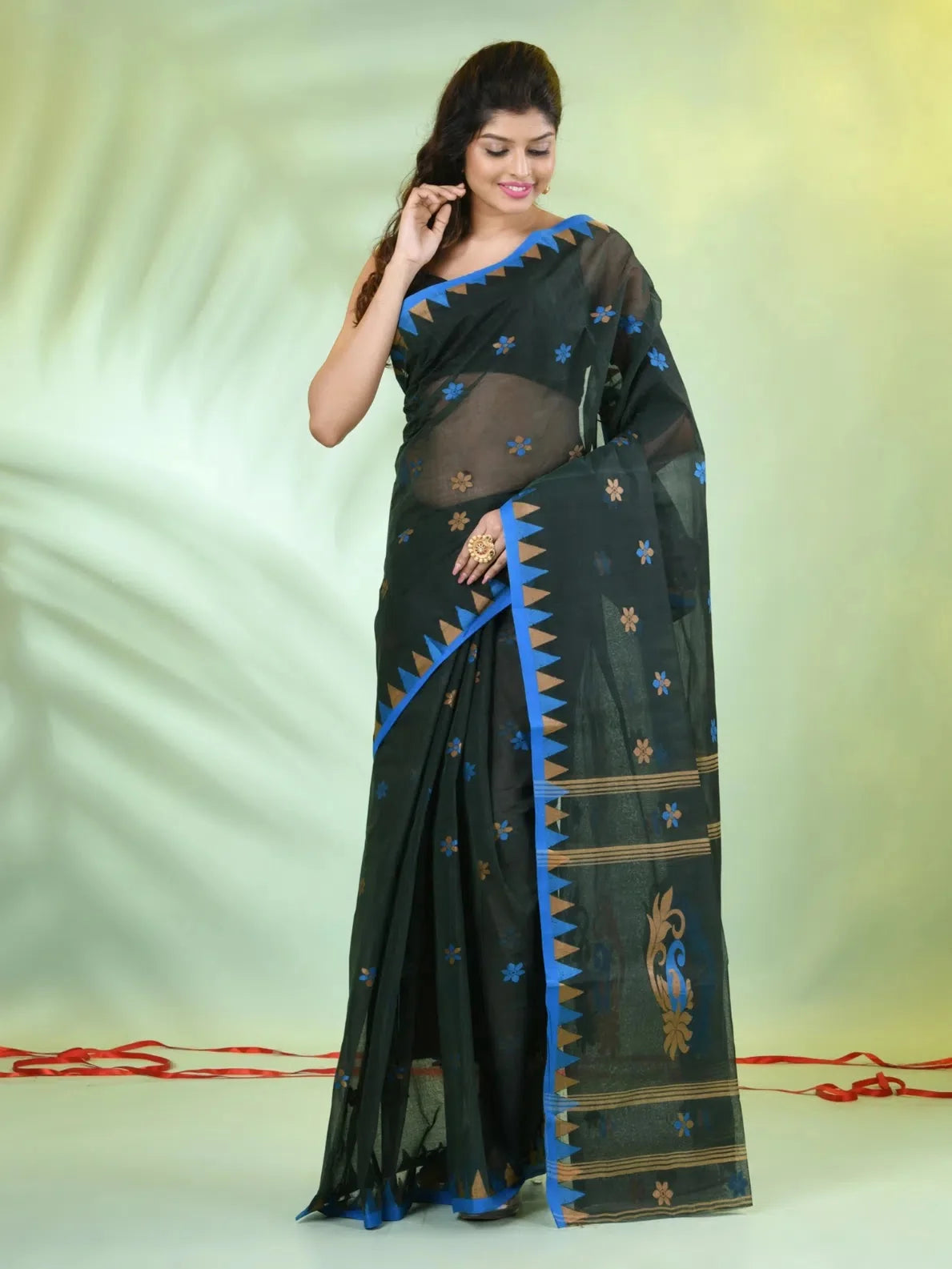 Bottle Green Cotton Saree - Indian Sarees with Temple Border