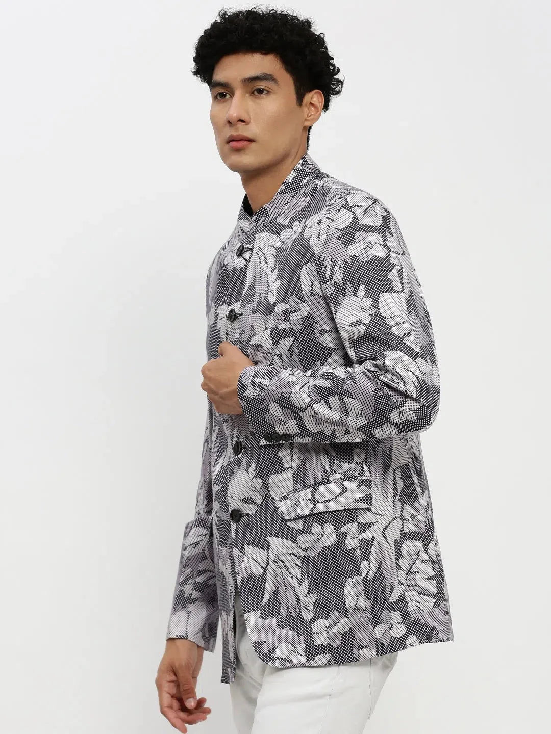 Grey Printed Men's Ethnic Wear Blazer | DesiQlo