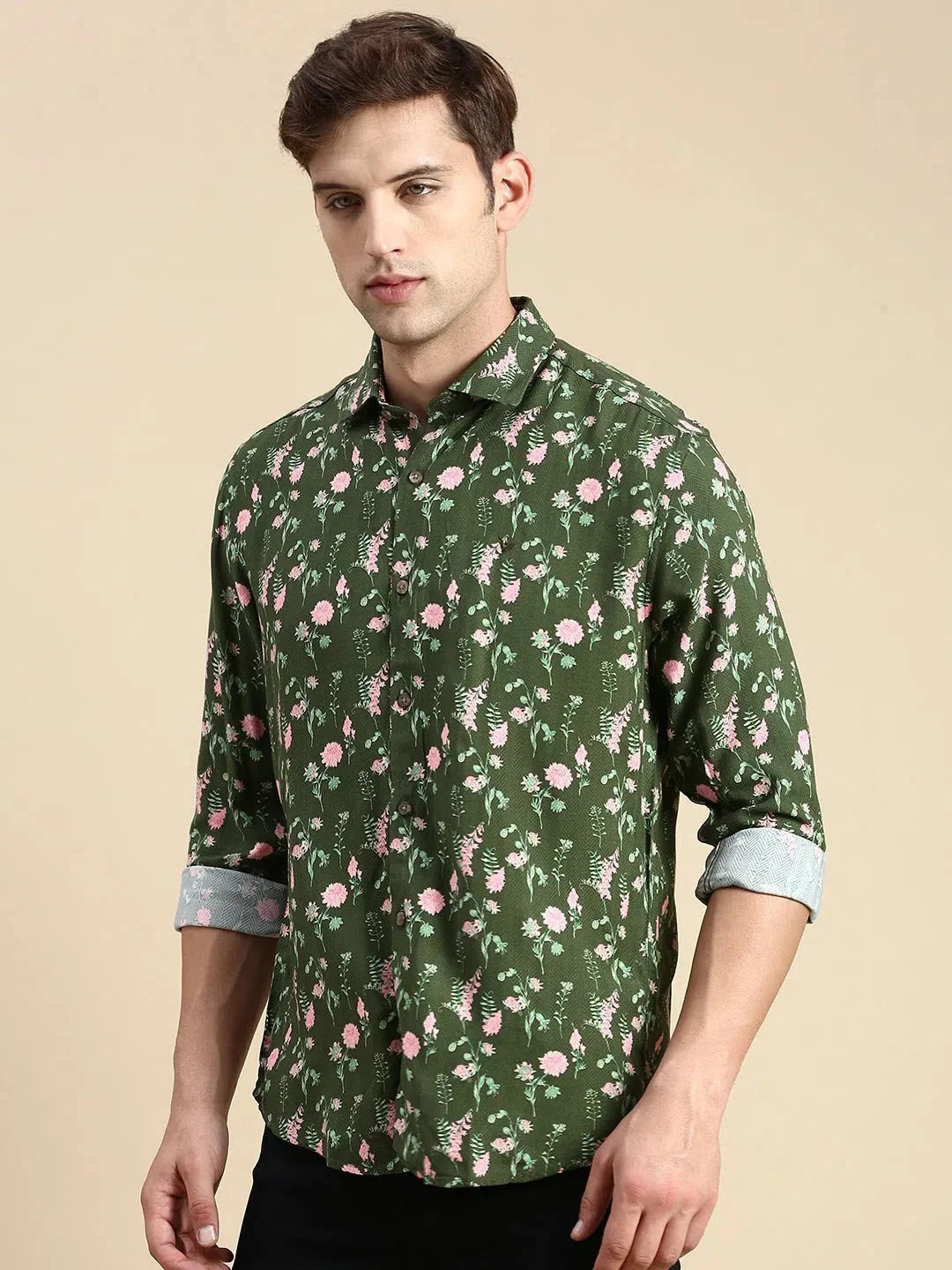 Olive Printed Mens Shirt - DesiQlo Cotton Casual Shirts