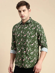 Men Green Printed Casual Shirt-GURJANPRINT-5420-Olive