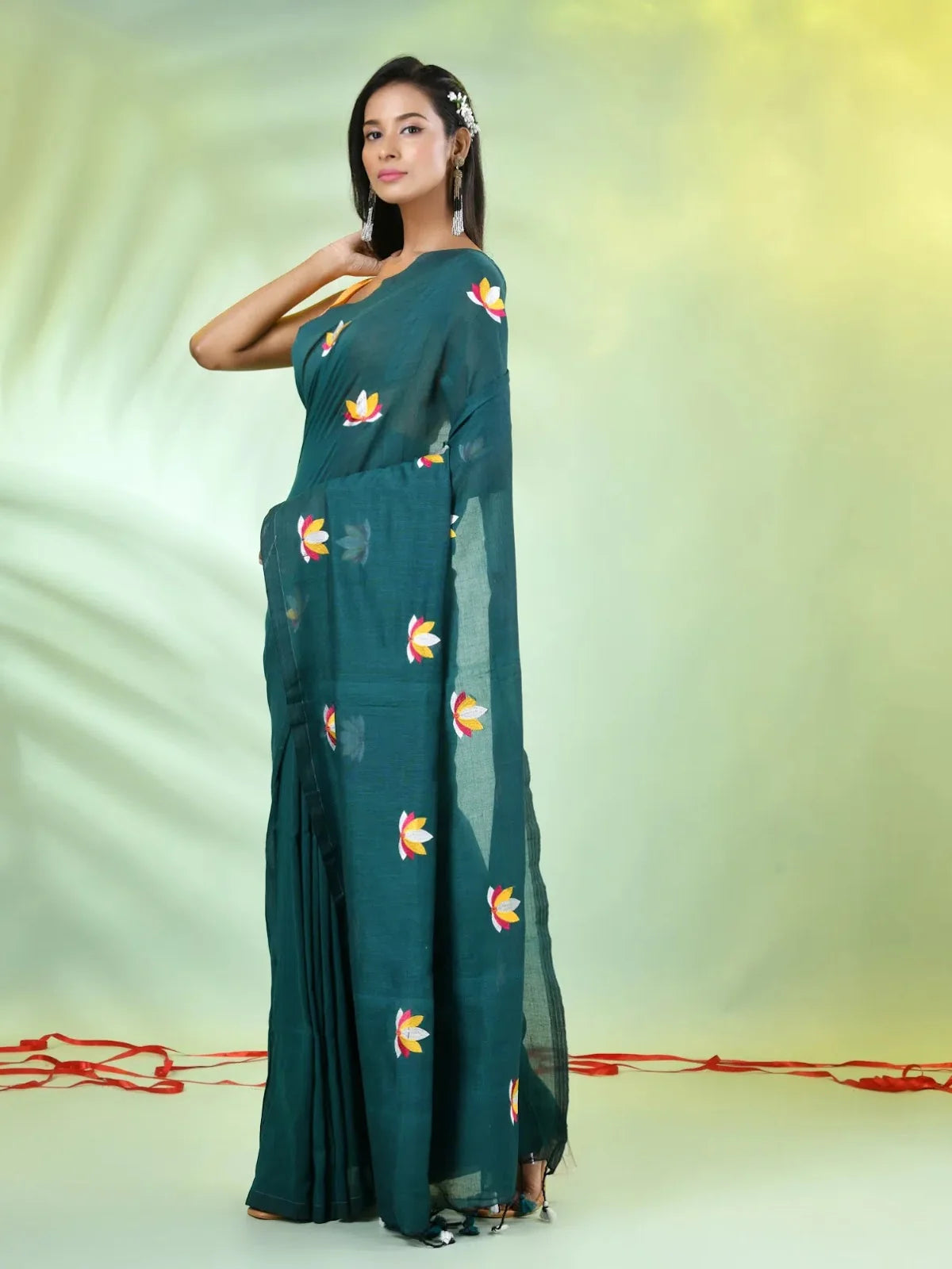 Teal Green Embroidered Cotton Saree | Indian Sarees
