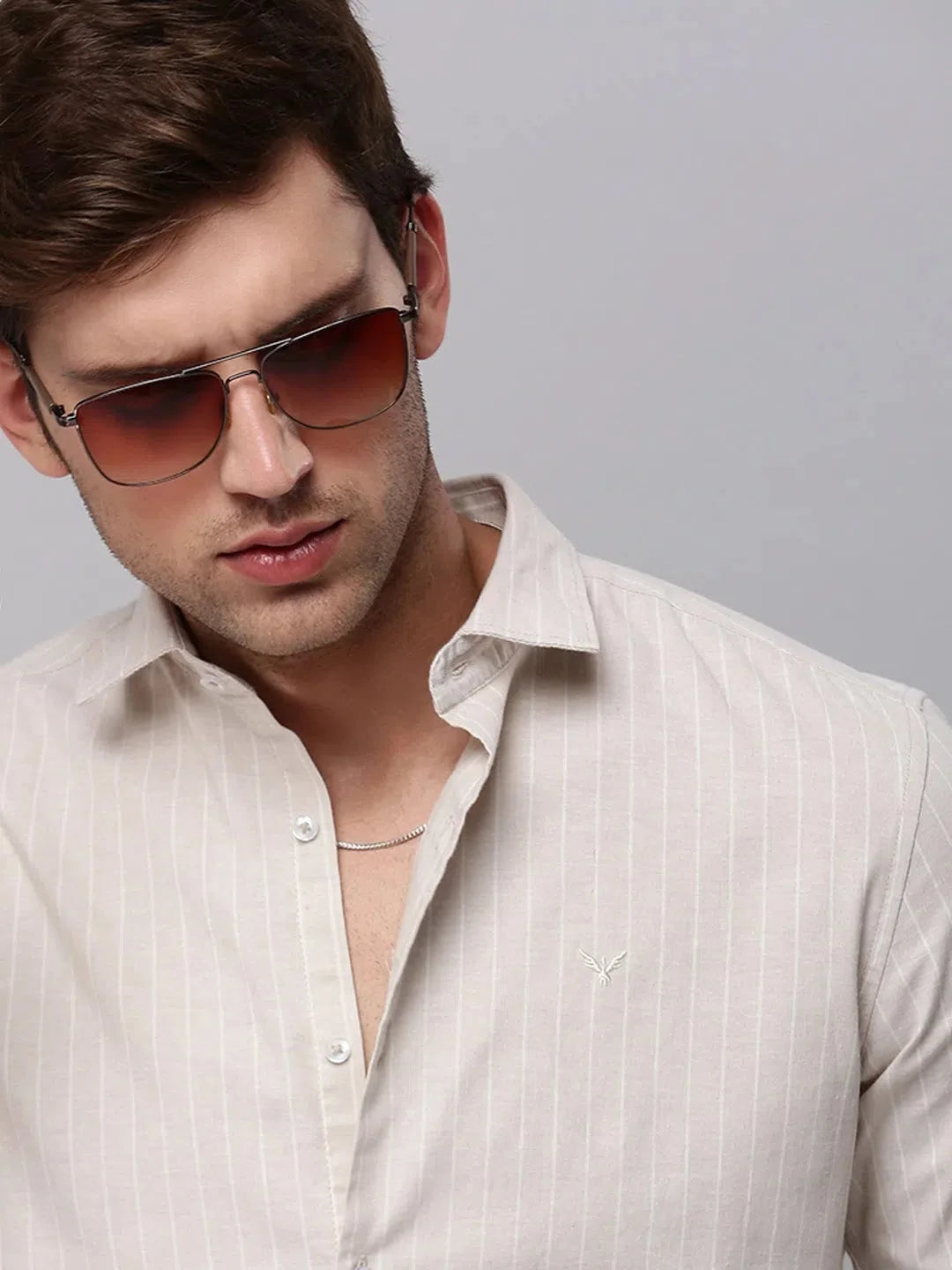 Beige Striped Mens Shirt - Cotton Linen Shirt | DesiQlo