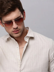 Men Beige Striped Casual Shirt-CASINOSTIPELINEN-3468-Beige