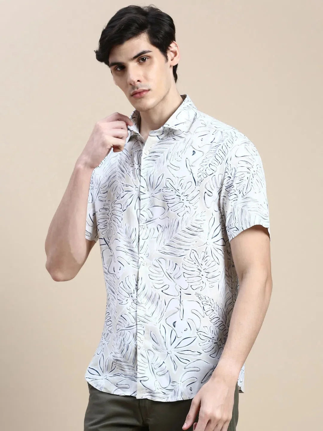 Cream Floral Printed Shirt for Men | Cotton Mens Shirt