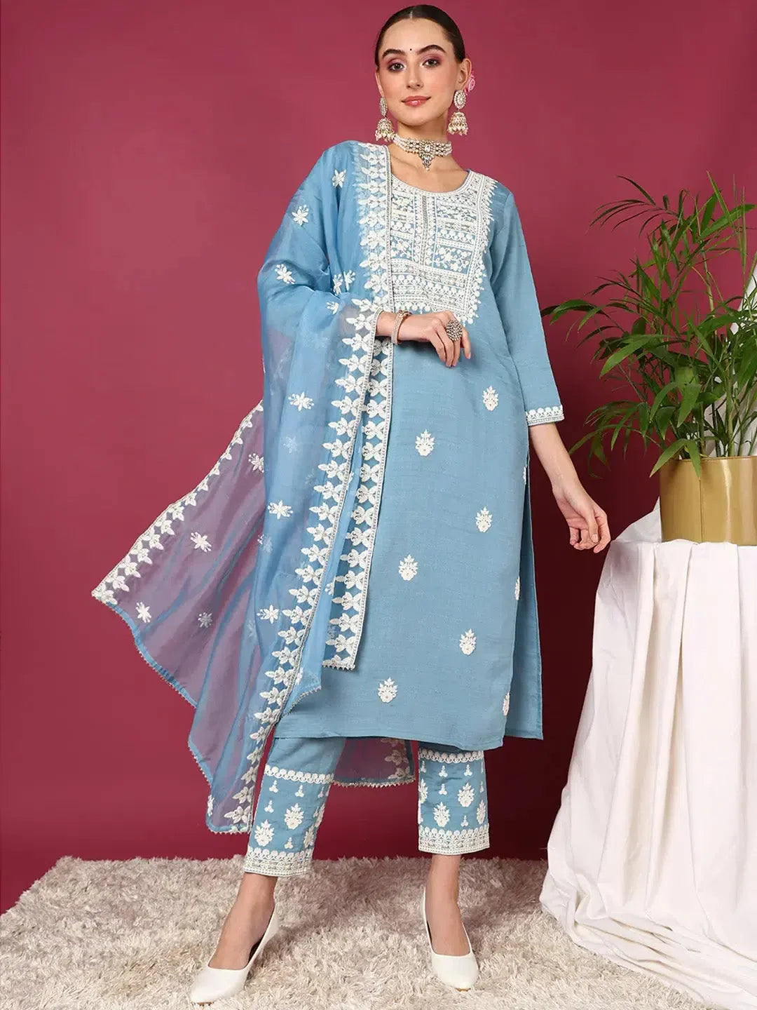 Blue Embroidered Kurta Pant Set - Women's Indian Kurta Sets - Style 1