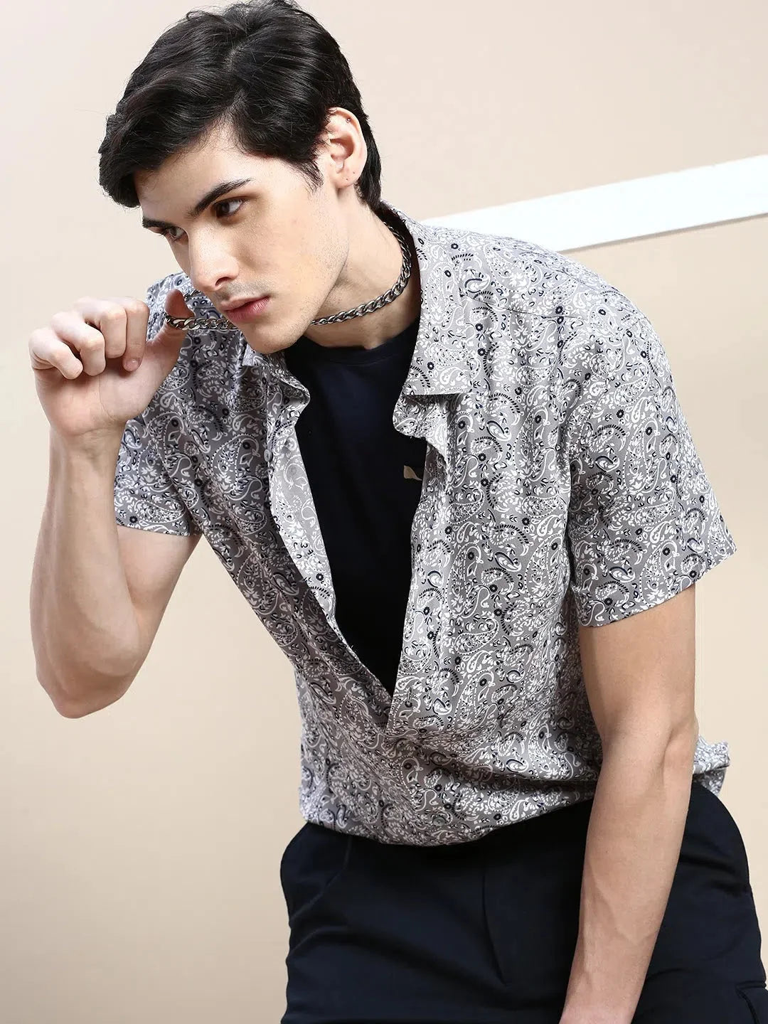 Men's Grey Ethnic Printed Cotton Shirt - Casual Mens Shirt