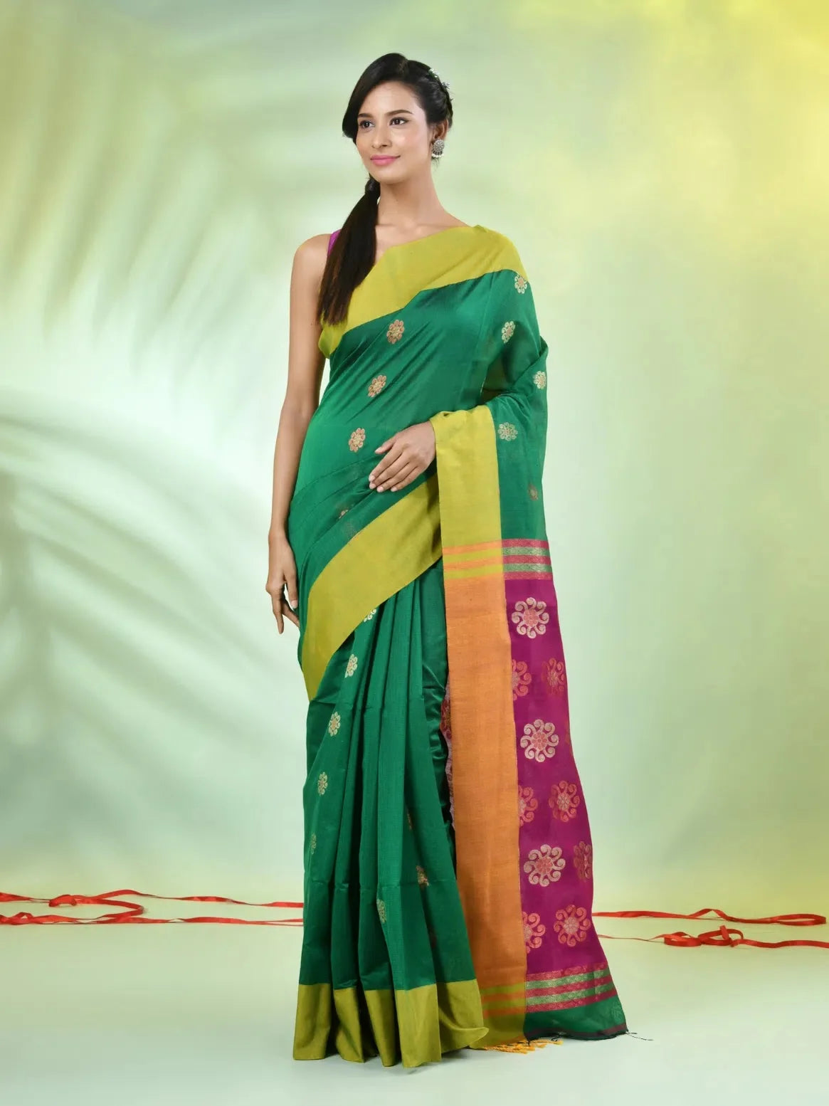 Green Cotton Indian Sari with Ethnic Motifs