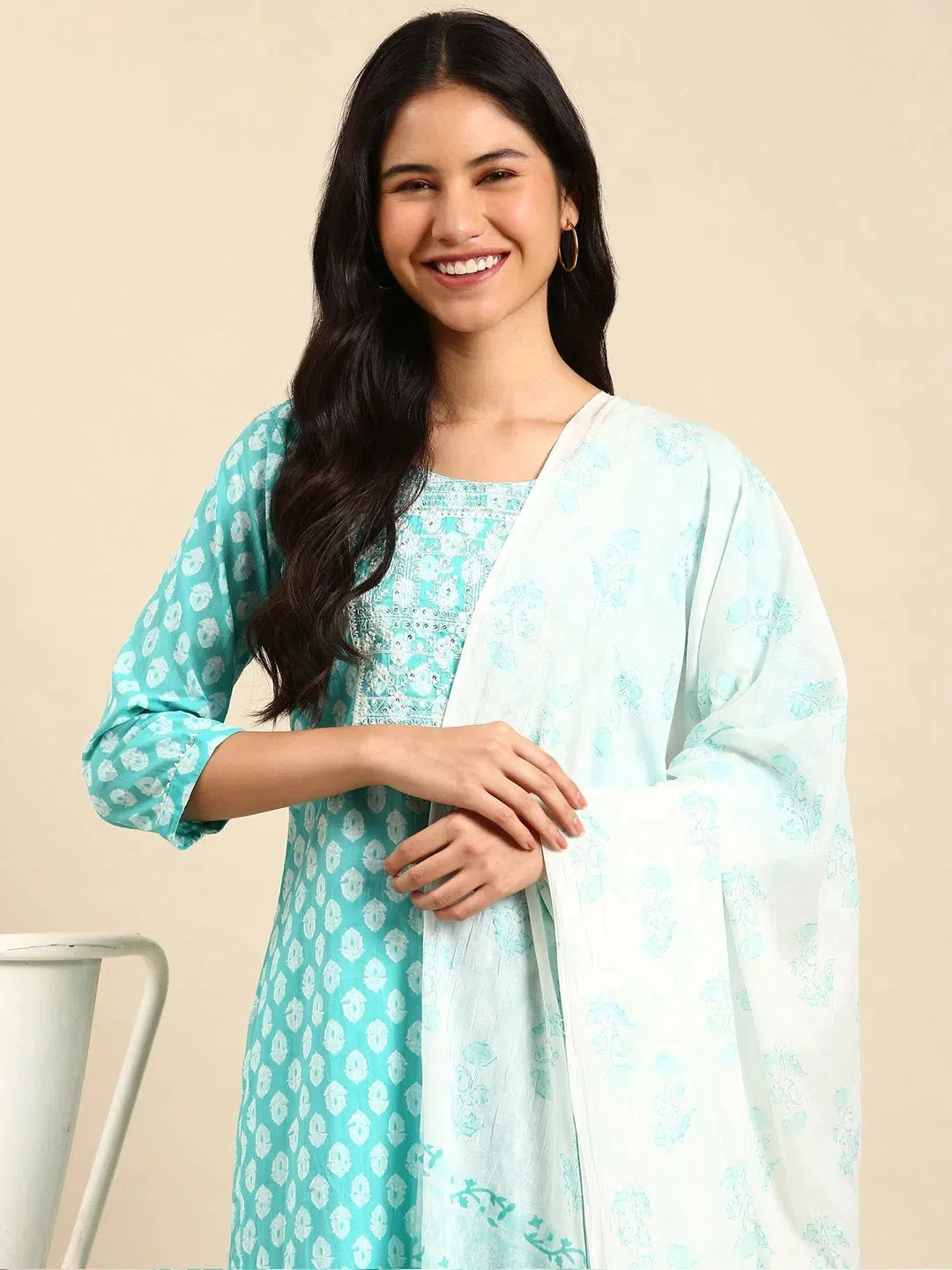 Turquoise Blue Printed Kurta Set | Women's Indian Kurta Sets