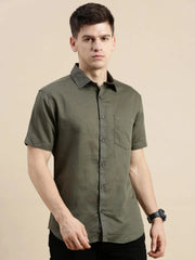 Men Green Solid Casual Shirt-VIENNASOLID-0767-Olive