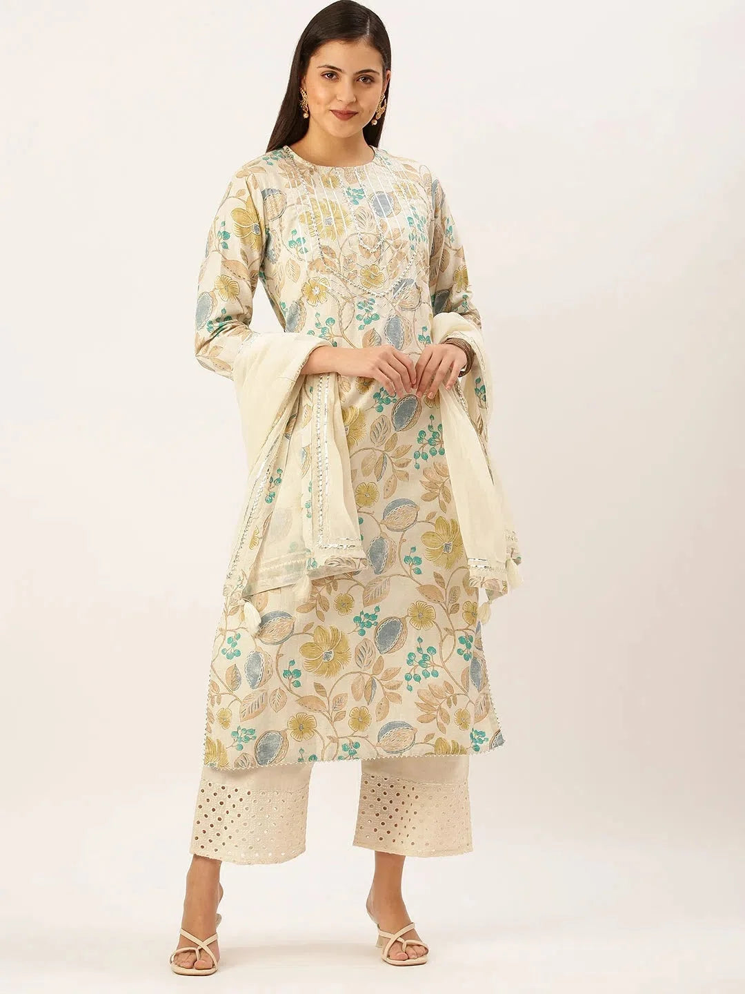 Off White Floral Kurta Set | Women's Cotton Kurta Sets