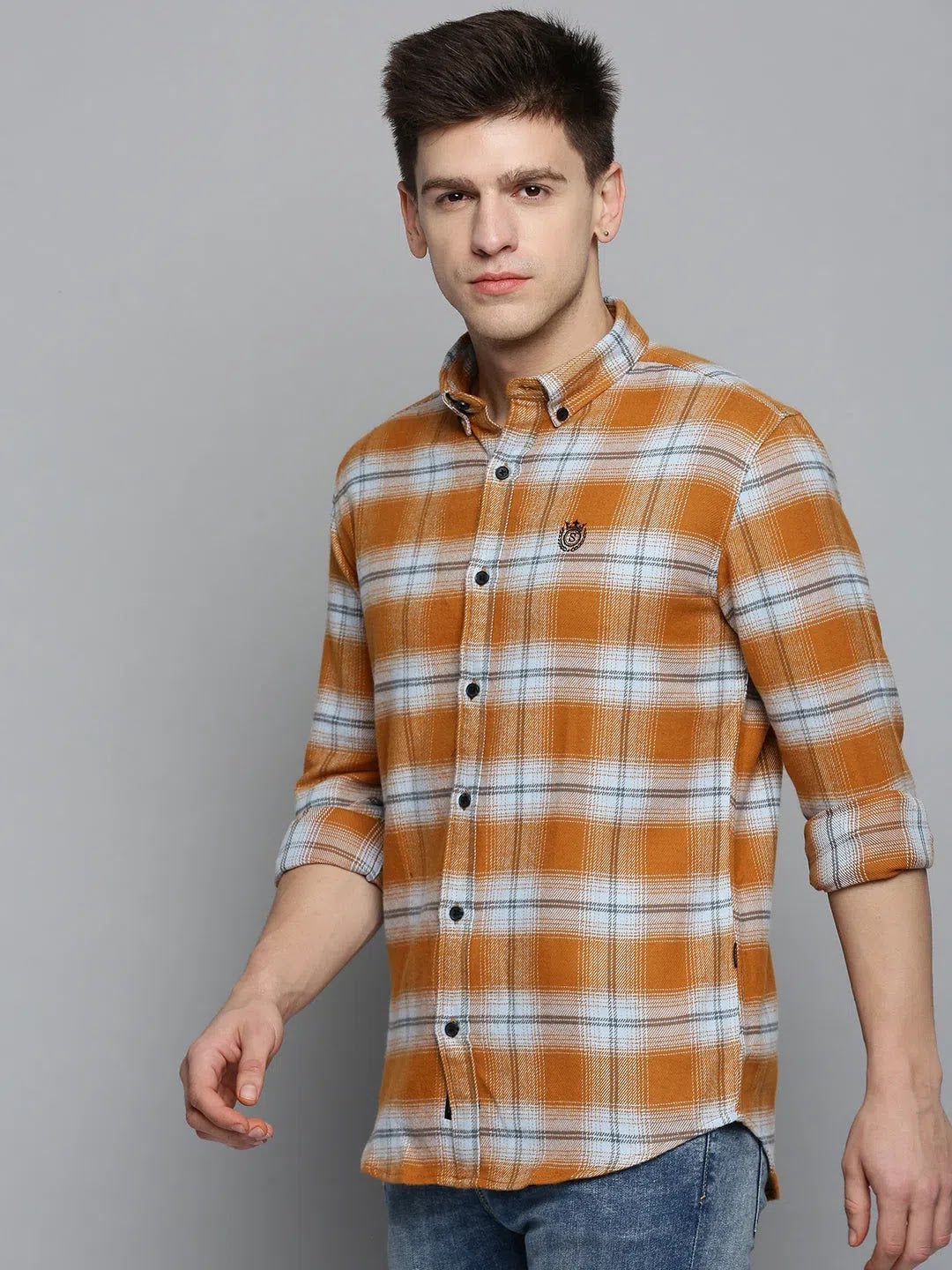 Orange Checked Mens Shirt | Cotton Casual Shirt DesiQlo