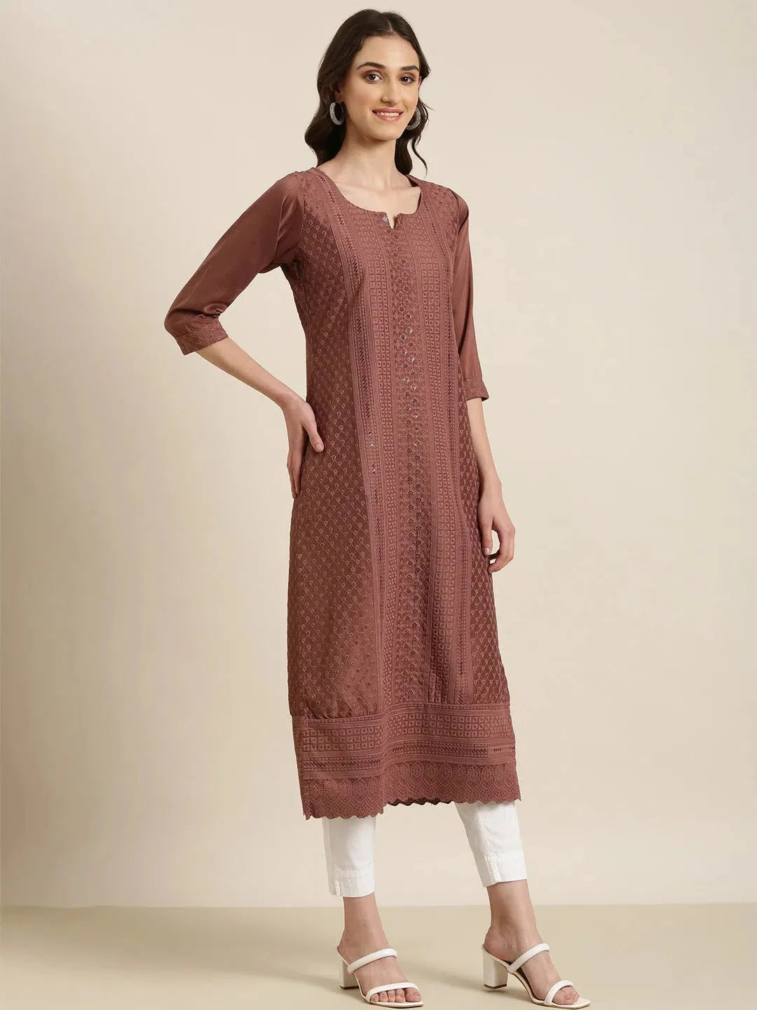 Brown Embellished Cotton Kurtas - Indian Kurta for Women