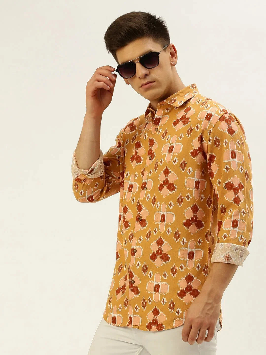 Yellow Printed Linen Shirt - Casual Mens Shirt | DesiQlo
