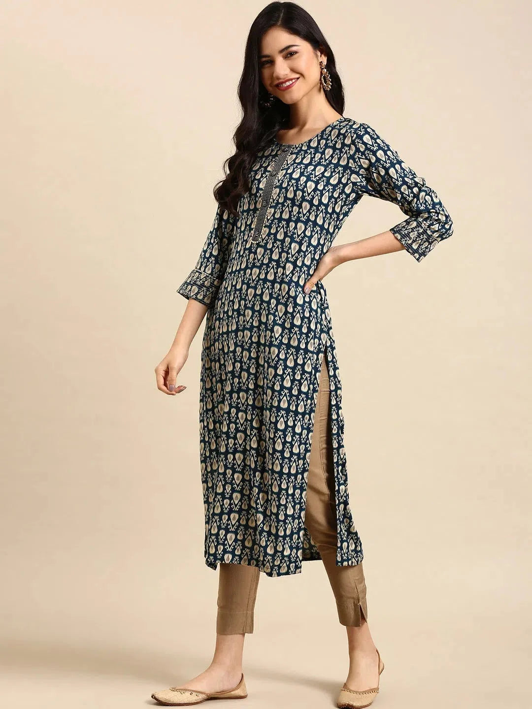 Blue Printed Indian Kurta - Stylish Kurtas for Women by DesiQlo