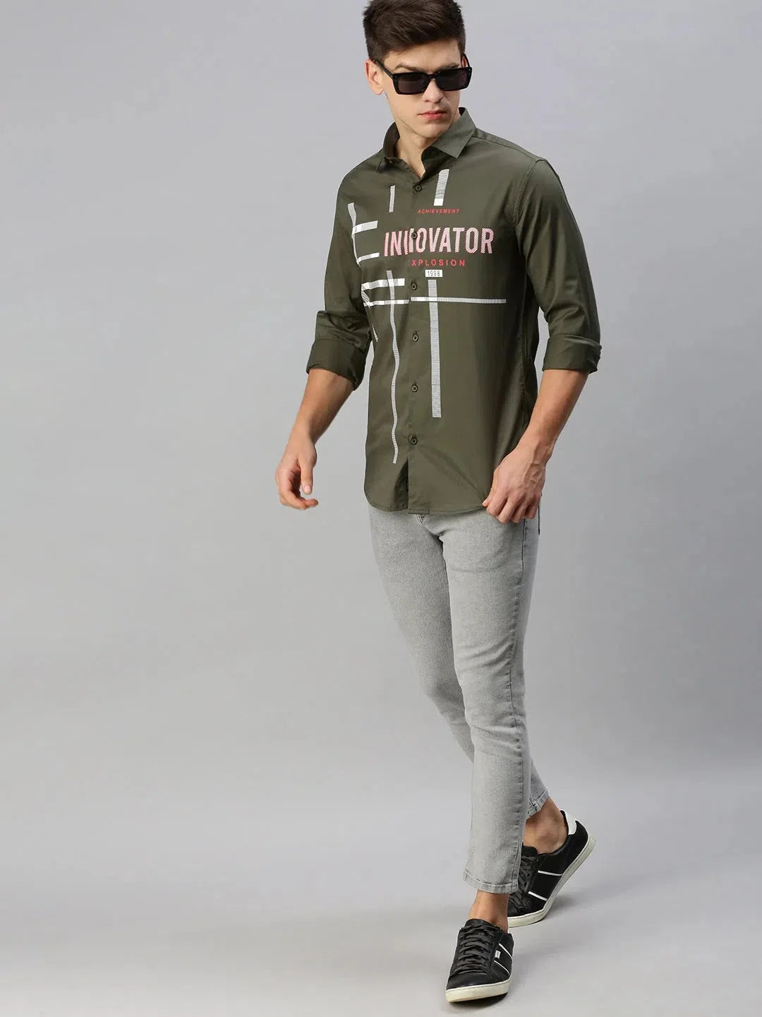 Olive Printed Mens Shirt | Casual Cotton Shirt - DesiQlo