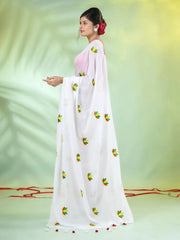 All Over Thread Embroidery White Cotton Handspun Saree-MA62CH33660053