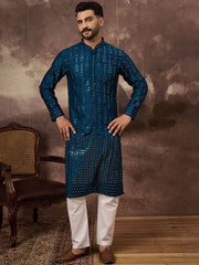 Ethnic Bay Men Blue Silk Blend Solid Embroidered Straight Kurta With Pant Set-MKSET1358