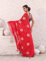 Rose Red Pure Cotton Soft Saree With Floral Embroidery Work-MA54CT33580097